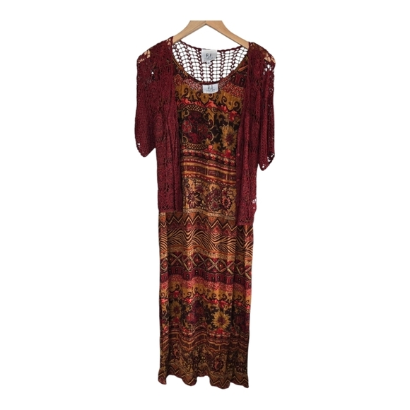 RJ Collection By Chelsea 2piece Set Maxi Dress Crochet Jacket Burnt Orange Y2k - Picture 3 of 16